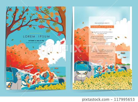 Vector Illustration Template set of Happy Chuseok: People Traveling to Their Hometowns by Train, Traditional Korean Games like Talchum Dance and Samulnori - Korea's Biggest Holiday 117995653