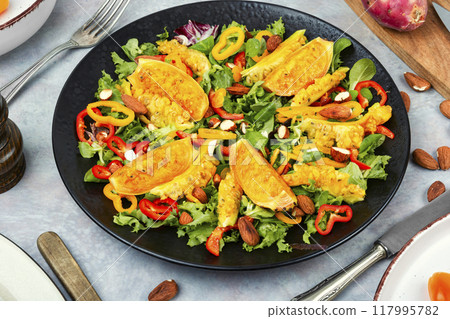 Salad of cactus fruits, peppers and almonds. 117995782