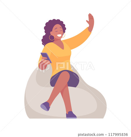 Happy Woman Sit with Smartphone Give High Five Informal Gesture Vector Illustration Happy Woman Sit with Smartphone Give High Five Informal Gesture Vector Illustration 117995836