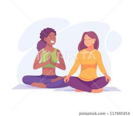 Good Company with Woman Friend Sit in Yoga Pose Vector Illustration Good Company with Woman Friend Sit in Yoga Pose Vector Illustration 117995854