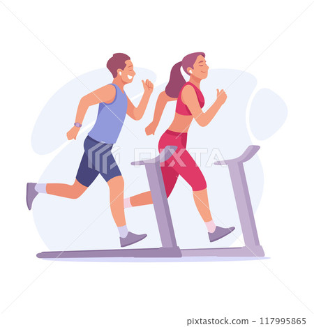 Good Company with Man and Woman Friend Run on Treadmill Vector Illustration 117995865
