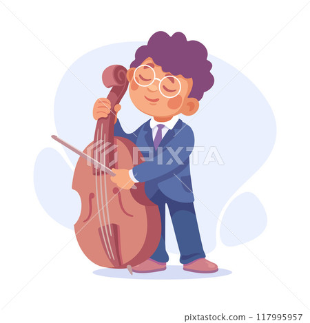 Boy Musician Play Contrabass on Stage as Child Profession Vector Illustration 117995957