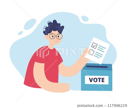 Man putting a ballot in a voting box. Election campaign concept, vector illustration in flat style Man putting a ballot in a voting box. Election campaign concept, vector illustration in flat style 117996229