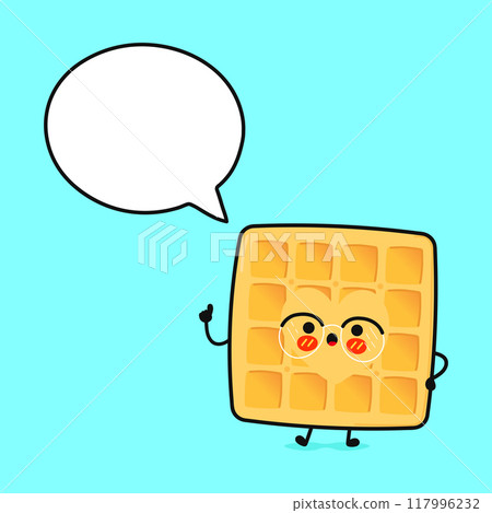 Waffles with speech bubble. Vector hand drawn cartoon kawaii character illustration icon. Isolated on blue background. Waffles character concept Waffles with speech bubble. Vector hand drawn cartoon kawaii character illustration icon. Isolated on blue background. Waffles character concept 117996232