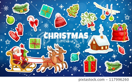 Cartoon Christmas stickers pack. Santa in sleigh, reindeer, gifts, holiday decorations, winter mittens, tree, house, hat, ornaments and candy canes. Vibrant and cheerful patches on a snowy background 117996260
