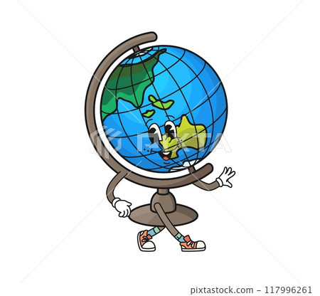 Cartoon groovy school globe character. Isolated vector earth planet, retro geographical map, educational item personage with smiling face, showcasing a friendly facial expression and educational vibes 117996261