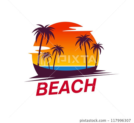 Summer tropical sunrise, palm trees and island beach icon with blue sea, vivid dusk sky and tranquil exotic landscape. Isolated vector emblem of paradise, travel, tourism, vacation, holiday and resort Summer tropical sunrise, palm trees and island beach icon with blue sea, vivid dusk sky and tranquil exotic landscape. Isolated vector emblem of paradise, travel, tourism, vacation, holiday and resort 117996307