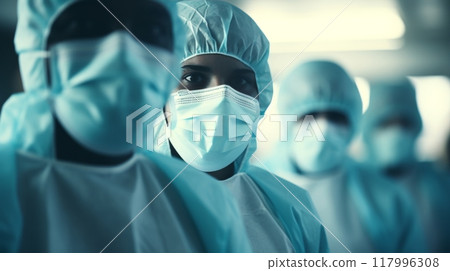 Group of doctors collaborating during a surgical procedure in a sterile white operating room 117996308