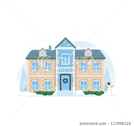 Christmas house with snow on roof, snowman and winter holiday decorations, isolated vector. Christmas home facade or house exterior with red ribbons garland, wreath on door porch and snowy chimney Christmas house with snow on roof, snowman and winter holiday decorations, isolated vector. Christmas home facade or house exterior with red ribbons garland, wreath on door porch and snowy chimney 117996328
