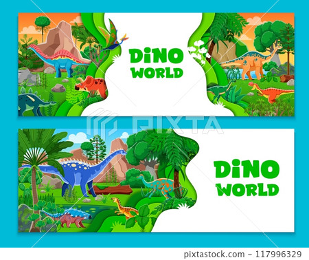 Paper cut banners with prehistoric dinosaur characters. Cartoon dino animals in a tropical jungle forest Jurassic era landscape with trees and vivid nature inside of 3d vector layered papercut frames Paper cut banners with prehistoric dinosaur characters. Cartoon dino animals in a tropical jungle forest Jurassic era landscape with trees and vivid nature inside of 3d vector layered papercut frames 117996329