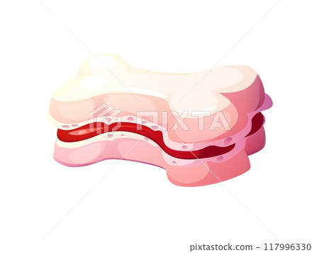 Cartoon Halloween holiday sweets and dessert shaped like a b. Isolated vector white sandwich pie with a layer of red filling. Spooky yet playful baked pastry for halloween festivities celebrations Cartoon Halloween holiday sweets and dessert shaped like a b. Isolated vector white sandwich pie with a layer of red filling. Spooky yet playful baked pastry for halloween festivities celebrations 117996330