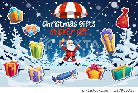 Flying Santa character and Christmas gifts stickers pack on snowy winter forest background. Vector set of festive patches, festive holiday decorations. Santa Claus with bell descending with parachute 117996333