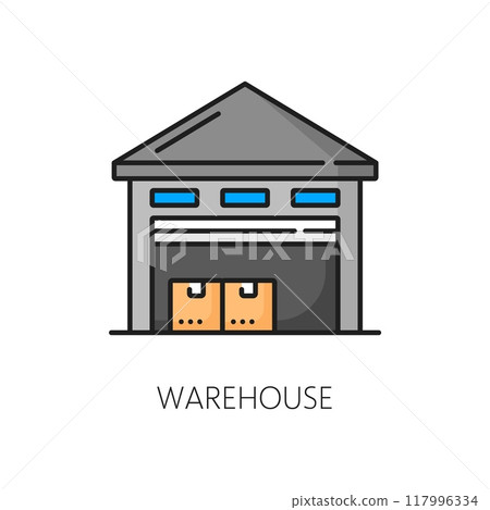 Color warehouse line icon of vector logistics, storage, cargo carriage, delivery and shipping service. Building of warehouse, depot or storehouse with boxes, packages or containers outline symbol 117996334