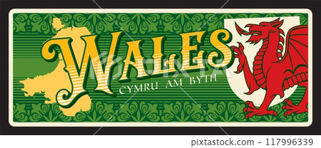 Wales travel tin sign plate or luggage tag of United Kingdom country, vector banner. Wales plate with flag and heraldic crest emblem for UK or Great Britain travel destination tin sign and luggage tag 117996339