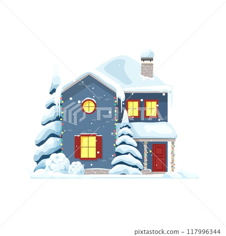Christmas house facade in snow for winter holiday, cartoon vector building. Winter town home exterior with snow on chimney and icicles on roof, Christmas lights garland on porch and snowy fir trees Christmas house facade in snow for winter holiday, cartoon vector building. Winter town home exterior with snow on chimney and icicles on roof, Christmas lights garland on porch and snowy fir trees 117996344