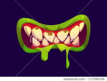 Halloween monster mouth with drool jaws, dripping saliva, green lips and exaggerated sharp teeth. Isolated cartoon vector eerie demon, zombie, alien, devil maw with scary dripping slime, and red gums Halloween monster mouth with drool jaws, dripping saliva, green lips and exaggerated sharp teeth. Isolated cartoon vector eerie demon, zombie, alien, devil maw with scary dripping slime, and red gums 117996346