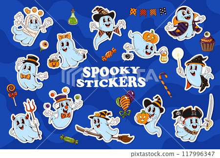 Halloween ghost stickers and spooky boo characters for horror night holiday, cartoon vector. Halloween stickers of funny ghost with pumpkin lantern on witch broomstick with trick or treat candy sweets 117996347