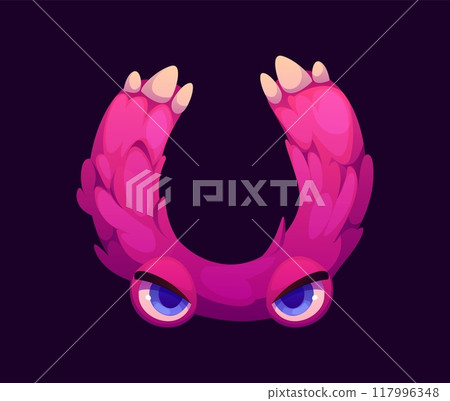 Letter U Halloween font, cartoon evil type, funny scary typeface, spooky alphabet uppercase letter as pink furry monster with claws and blue eyes. Isolated vector cute furry beast latin abc character Letter U Halloween font, cartoon evil type, funny scary typeface, spooky alphabet uppercase letter as pink furry monster with claws and blue eyes. Isolated vector cute furry beast latin abc character 117996348
