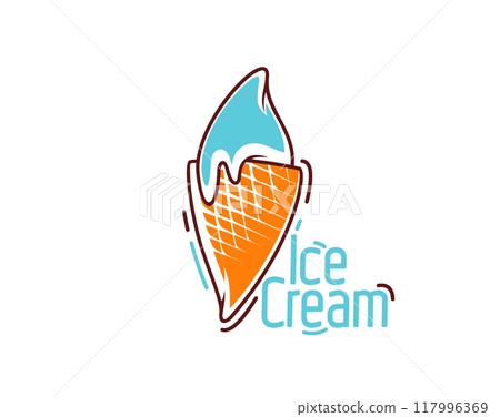 Ice cream icon, gelato dessert in waffle cone for gelateria or desserts bar, vector emblem. Milky creamy soft ice cream scoop in wafer cone with melt drop for Italian gelato dessert and icecream menu 117996369