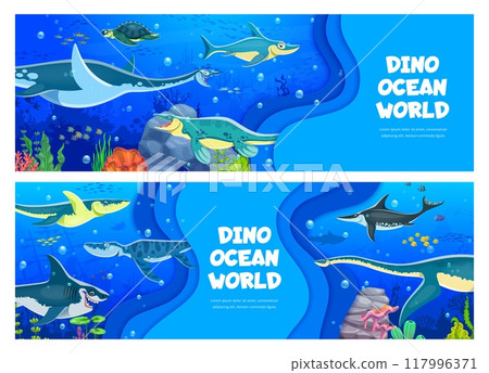 Paper cut banners with underwater prehistoric dinosaur characters in a oceanic scene. Vibrant marine creatures, aquatic dino species and marine reptiles swimming in a blue ocean environment Paper cut banners with underwater prehistoric dinosaur characters in a oceanic scene. Vibrant marine creatures, aquatic dino species and marine reptiles swimming in a blue ocean environment 117996371
