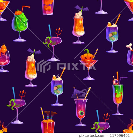 Cartoon Halloween cocktails seamless pattern. Vector tile background featuring an array of festive drink cups and glasses decorated with straws and spooky elements like bats, pumpkins and eyeballs 117996401