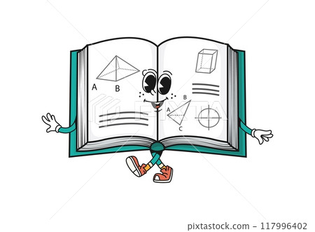 Cartoon groovy textbook school character. Back to school educational personage. Isolated vector geometry retro book in 60s, 70s funky style, cheerfully flashing wide welcoming smile and open pages 117996402