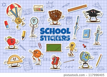 Cartoon groovy school education characters and stationery stickers pack. Vector patches with educational items as magnifying glass, light bulb, globe, apple, pencil and ruler at grid paper background 117996405