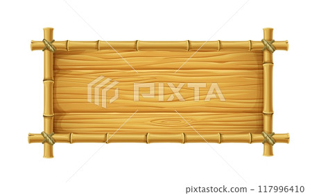 Bamboo frame with wooden sticks borders or wood sign board, vector background. Bamboo frame of sticks on rope for signboard on tiki beach or cartoon tropical jungle banner of bamboo tree 117996410