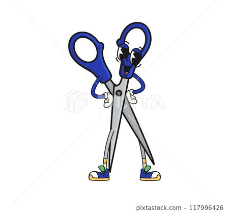 Cartoon groovy scissors school character exudes retro vibes with vibrant blue color and cheerful expression. Isolated vector office stationery, educational personage stands in confident pose and smile Cartoon groovy scissors school character exudes retro vibes with vibrant blue color and cheerful expression. Isolated vector office stationery, educational personage stands in confident pose and smile 117996426