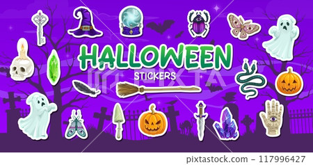 Cartoon Halloween stickers with spooky scary monsters and zombie characters, vector icons. Halloween holiday stickers of boo ghost and pumpkin with witch broomstick and dead skeleton skull on cemetery Cartoon Halloween stickers with spooky scary monsters and zombie characters, vector icons. Halloween holiday stickers of boo ghost and pumpkin with witch broomstick and dead skeleton skull on cemetery 117996427