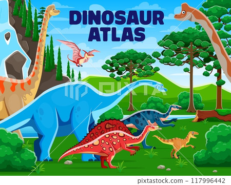 Atlas book cover, prehistoric dinosaurs and reptiles at natural landscape. Cartoon vector storybook with ancient creature species in a lush, green environment with tropical forest plants and waterfall 117996442