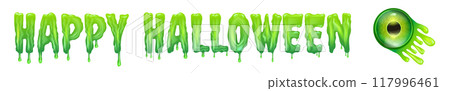 Happy halloween text with liquid green slime and zombie green eye isolated on white background. Wide happy halloween banner, poster, flyer and poster with melting text and monster eyeball Happy halloween text with liquid green slime and zombie green eye isolated on white background. Wide happy halloween banner, poster, flyer and poster with melting text and monster eyeball 117996461