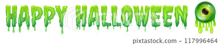 Happy halloween text with liquid green slime and zombie green eye isolated on white background. Wide happy halloween banner, poster, flyer and poster with melting text and monster eyeball 117996464