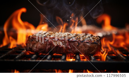 Sizzling meat on grill with flames, evoking smell and warmth, blurred background 117996505