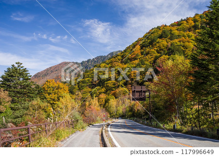 Autumn leaves at Hirayu Onsen in the Okuhida Onsen area 117996649