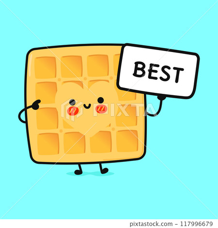 Cute Waffles with poster best. Vector hand drawn cartoon kawaii character illustration icon. Isolated on blue background. Waffles think concept 117996679