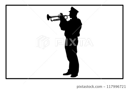 silhouette of man playing trumpet, Trumpet Player Silhouette 117996721