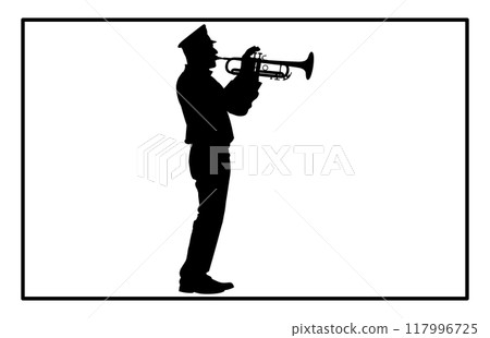 silhouette of man playing trumpet, Trumpet Player Silhouette 117996725