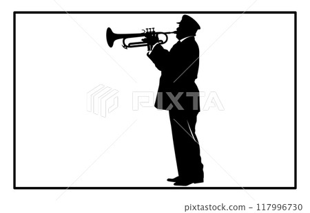 silhouette of man playing trumpet, Trumpet Player Silhouette 117996730