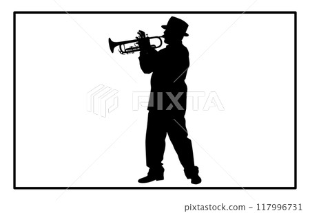 silhouette of man playing trumpet, Trumpet Player Silhouette silhouette of man playing trumpet, Trumpet Player Silhouette 117996731
