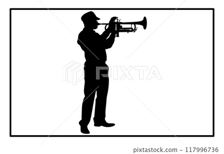 silhouette of man playing trumpet, Trumpet Player Silhouette 117996736