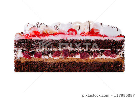 Delicious chocolate cake with cherries and whipped cream on white background Delicious chocolate cake with cherries and whipped cream on white background 117996897