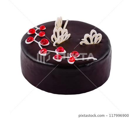 Chocolate cake decorated with chocolate leaves and red berries on white background 117996900