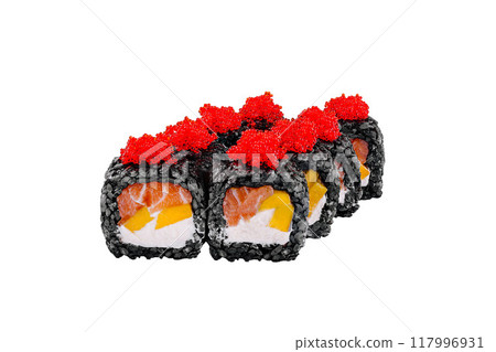 Black sushi rolls decorated with red caviar lying in line on white background Black sushi rolls decorated with red caviar lying in line on white background 117996931