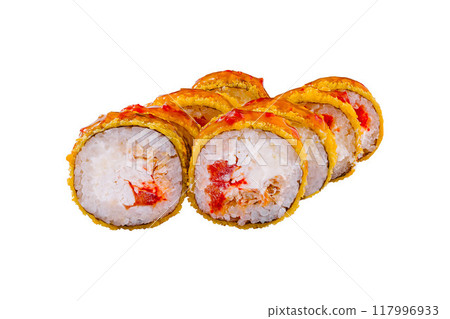 Tempura maki sushi rolls with crab meat and spicy sauce isolated on white background 117996933