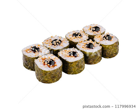 Sushi set with unagi sauce is served on a white background Sushi set with unagi sauce is served on a white background 117996934