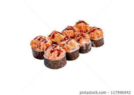 Delicious sushi rolls covered with cream cheese and sauce standing in line on white background 117996942