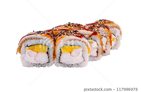 Sushi rolls with smoked eel, mango, cream cheese, sesame seeds lying on white background 117996978