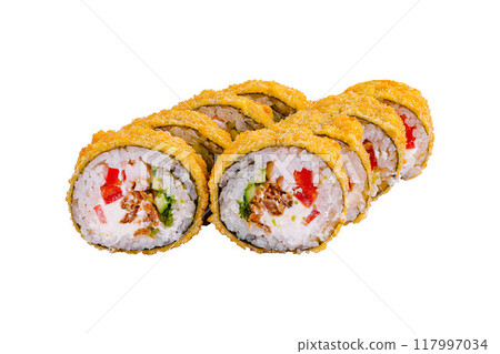 Tempura sushi rolls showing filling on white background 117997034