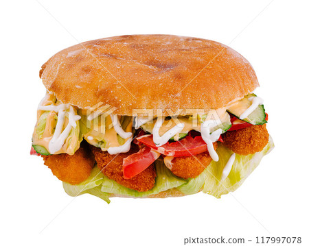 Delicious crispy chicken burger lying on white background Delicious crispy chicken burger lying on white background 117997078